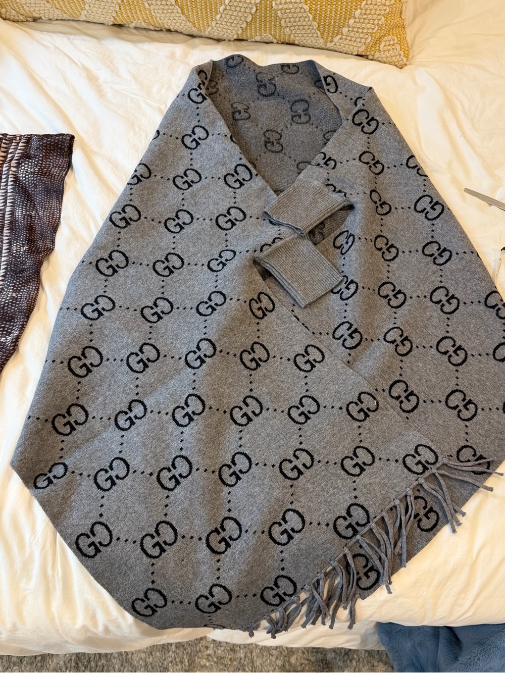 Gray Logo-Patterned Knit Poncho with Fringe
